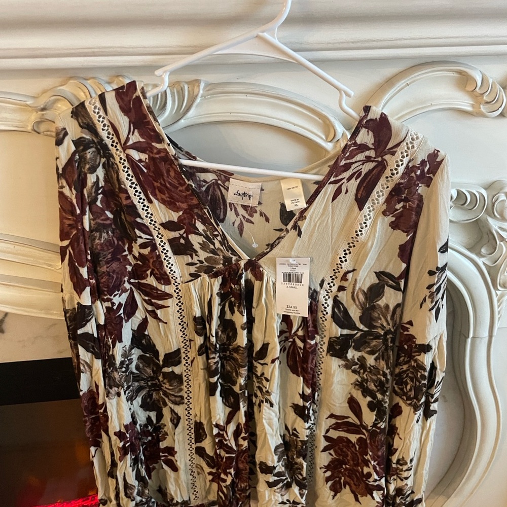 Daytrip Cream Blouse with Burgundy and Black Floral Print